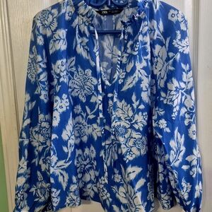 Zara Floral Long Sleeve Blouse in Blue and White